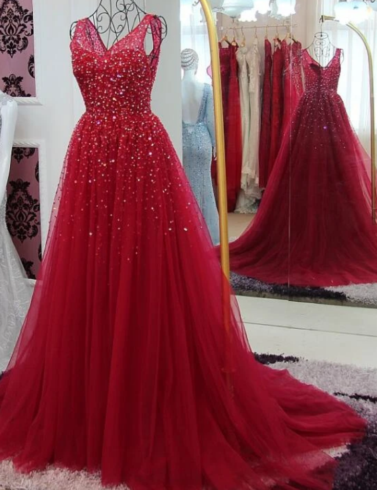 Tulle V-neckline Long Wine Red Evening Gown, Long Prom Dress