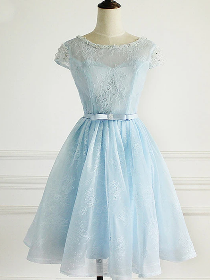 Lace Cap Sleeves Cute Short Party Dress, Blue Homecoming Dress