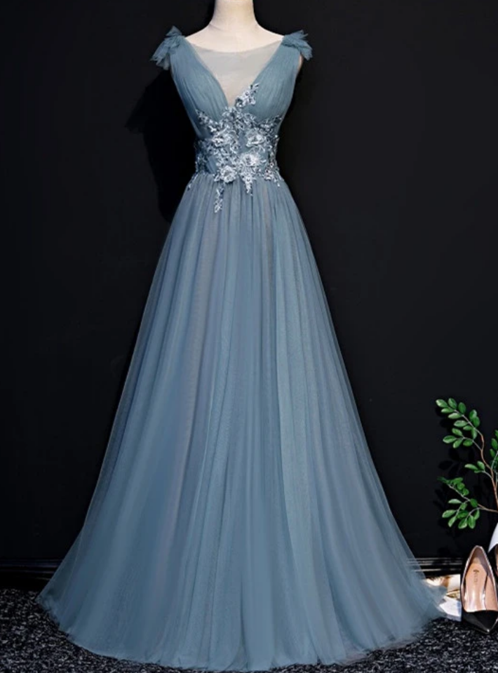 Beautiful Blue Tulle Long Party Dress, A-line Prom Dress With Lace Applique