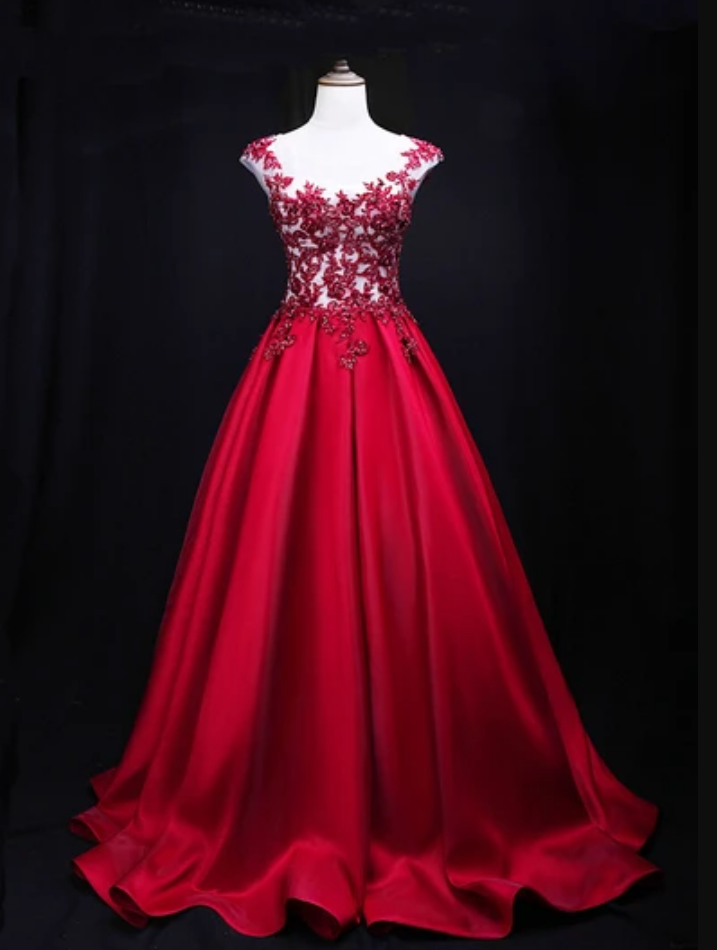Dark Red Satin Long Cap Sleeves Formal Dress, Prom Dress