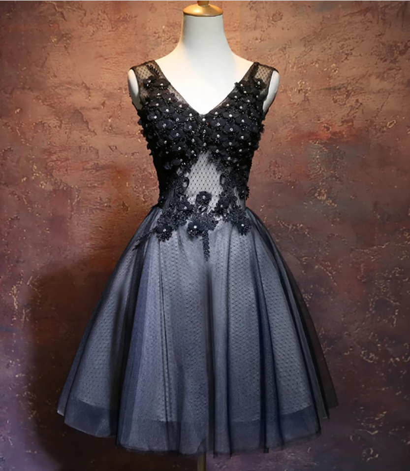 Black V-Neckline Tulle With Lace Applique Party Dress, Black Homecoming Dress