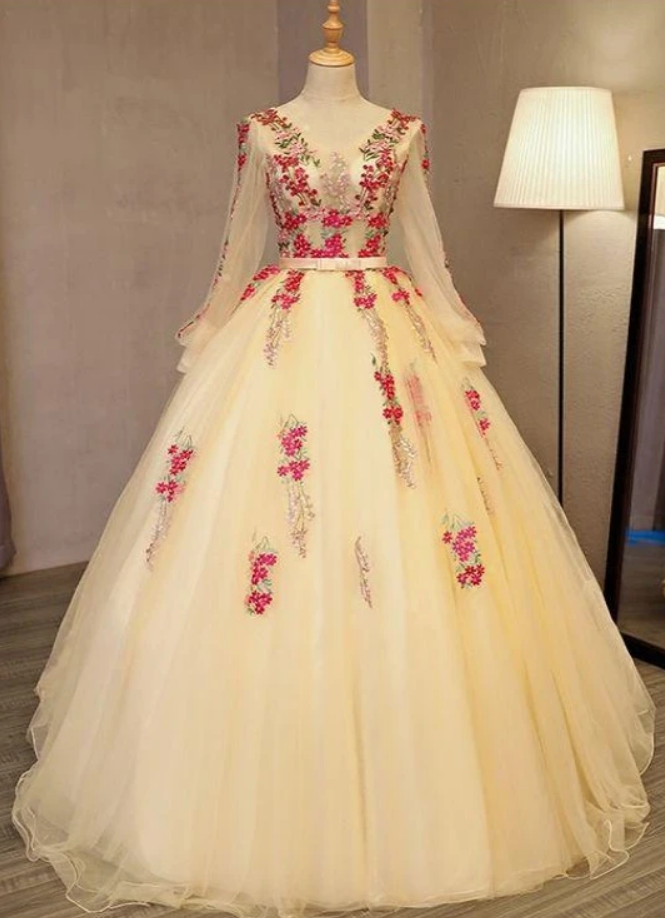 Beautiful Light Yellow Long Sleeves Quinceanera Dress, Ball Gown Sweet