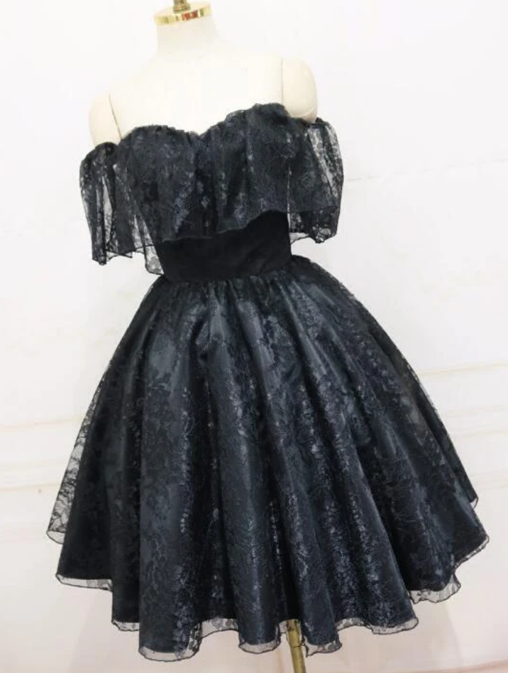 Black Off Shoulder Lace Short Party Dress, Black Homecoming Dress