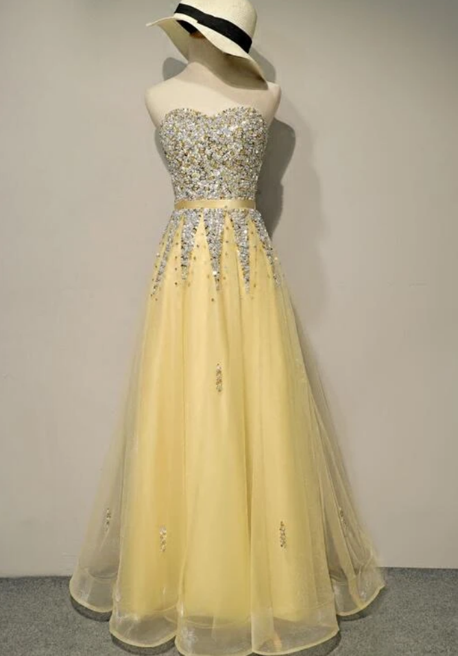 Light Yellow Sweetheart Sequins Tulle Long Prom Dress, Party Dress