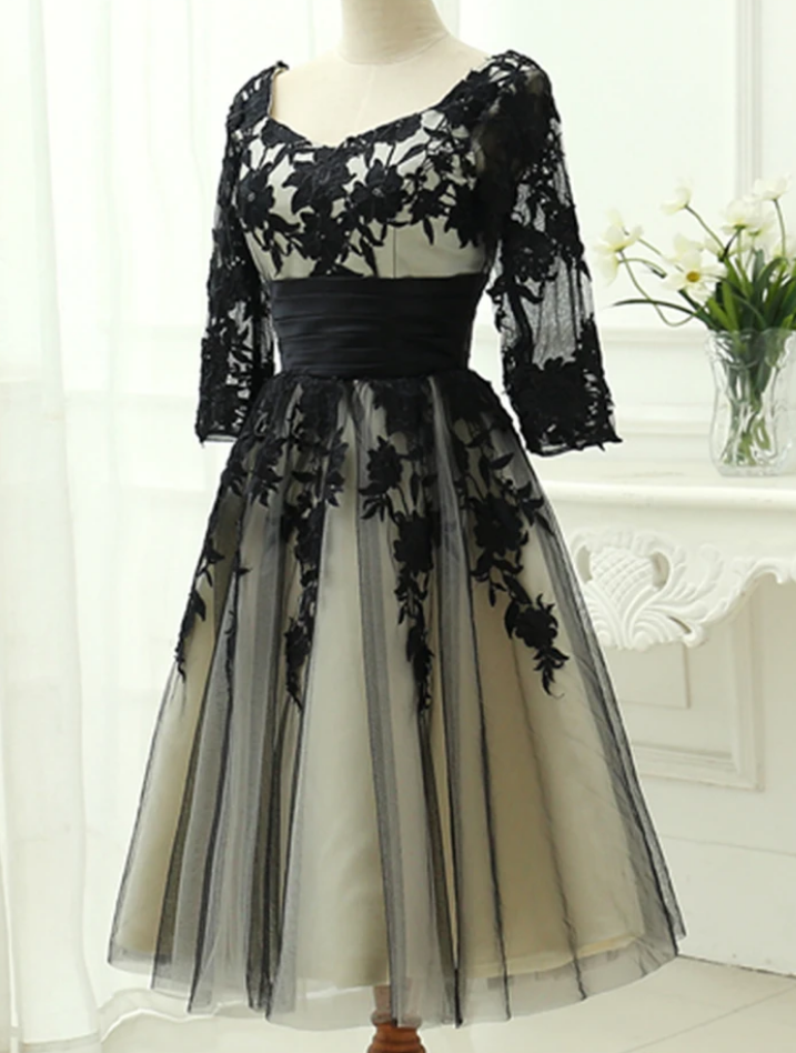 Elegant Black Tea Length Bridesmaid Dress, Wedding Party Dress on Luulla