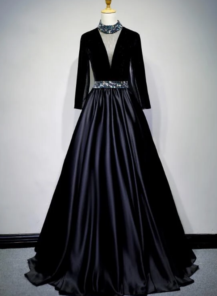 Black Satin And Velvet Long Sleeves Party Gown, Long Evening Dress