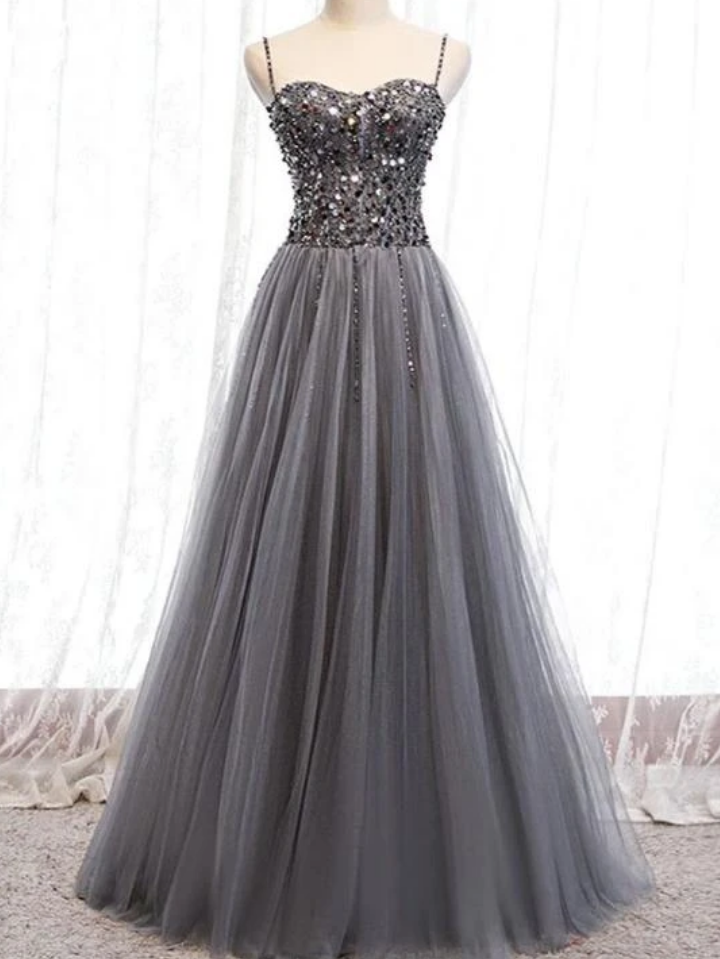 Beautiful Beaded Tulle Prom Dresses, Straps Party Dress