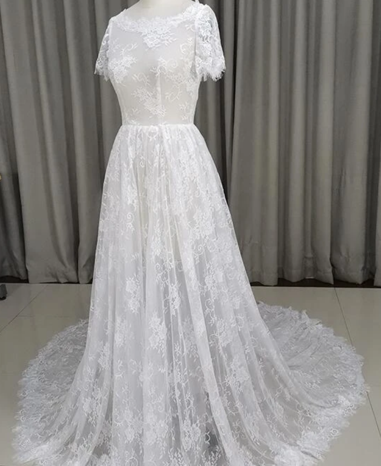 Beautiful Lace Short Sleeves See Through Wedding Dress, Long Party Dress