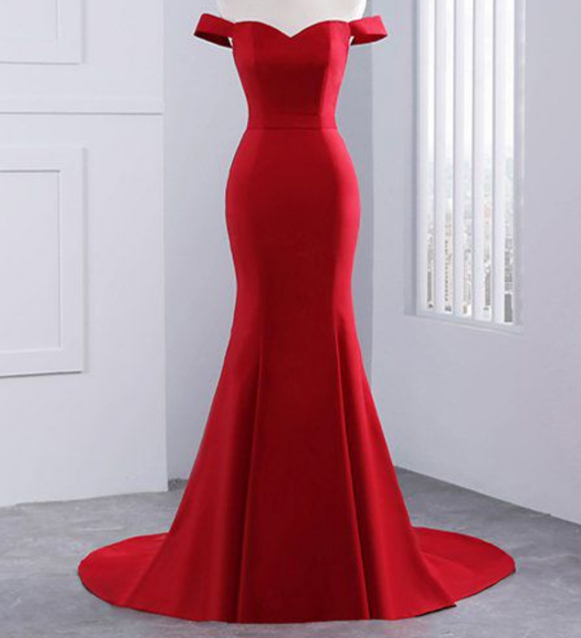 Elegant Red Off The Shoulder Prom Dress, Sweetheart Mermaid Long Evening Gown With Sweep Train
