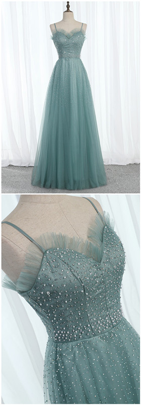 Green Tulle Sweetheart Long Beaded Prom Dress, Evening Dress, Party Dress