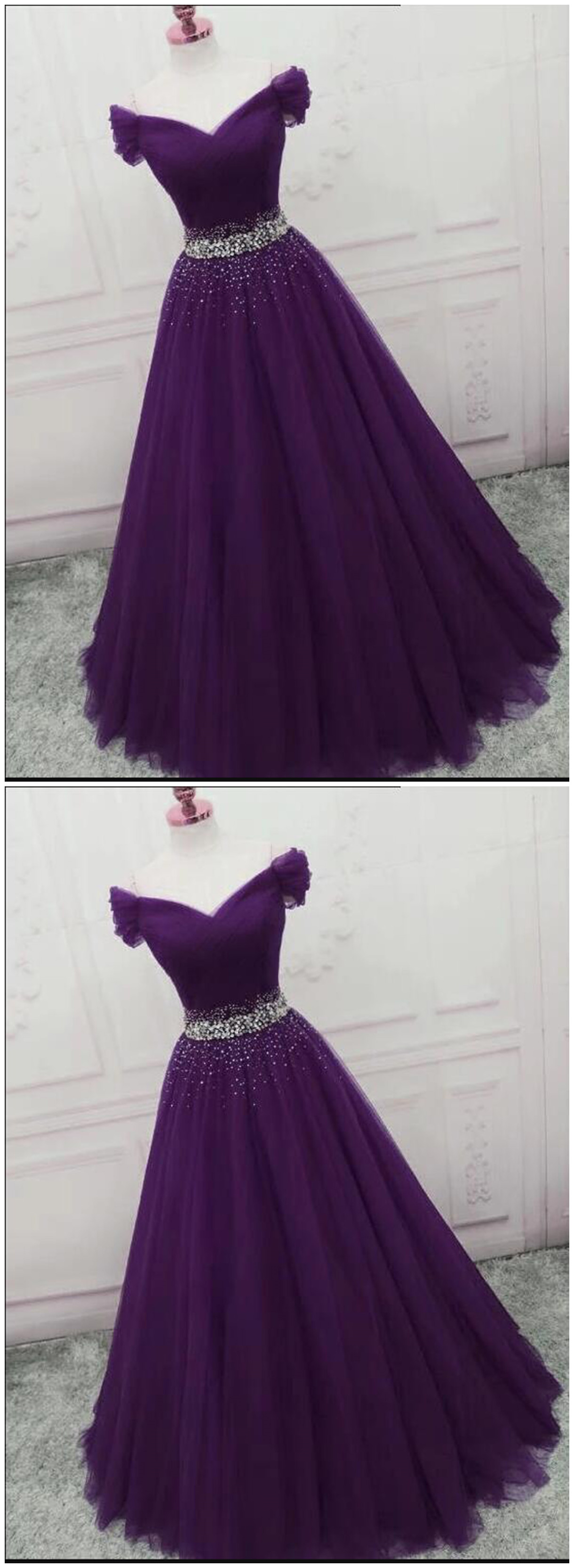 Purple Tulle Off Shoulder Beaded Waistline Formal Dress Long Graduation Dress
