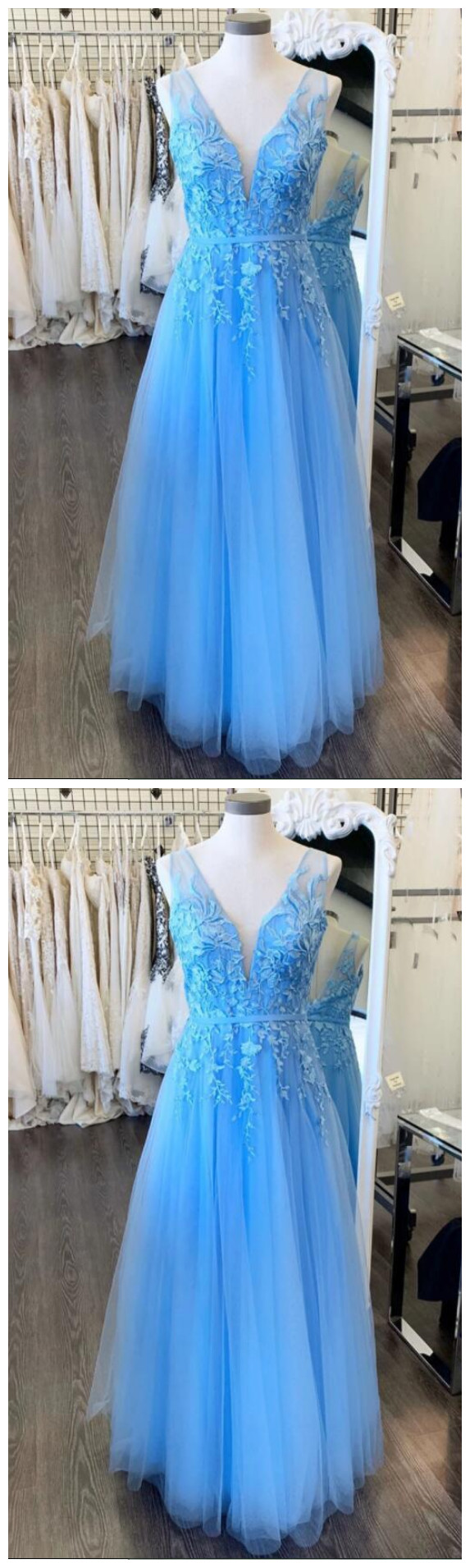 Blue Tulle V Neck Women Party Gowns Blue Lace A Line Prom Dress