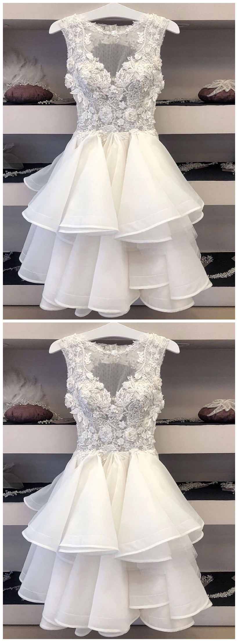 White Tulle 3d Lace V Neck Homecoming Dress, Short Dresses