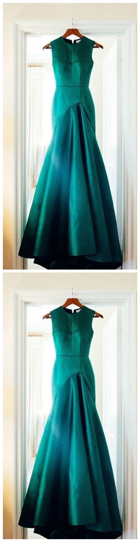 Green Satins Round Neck Simple Long Evening Dresses,formal Dress