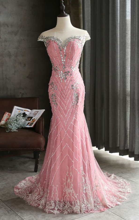 Pink Tulle Shinny Beaded Long Mermaid Evening Dress