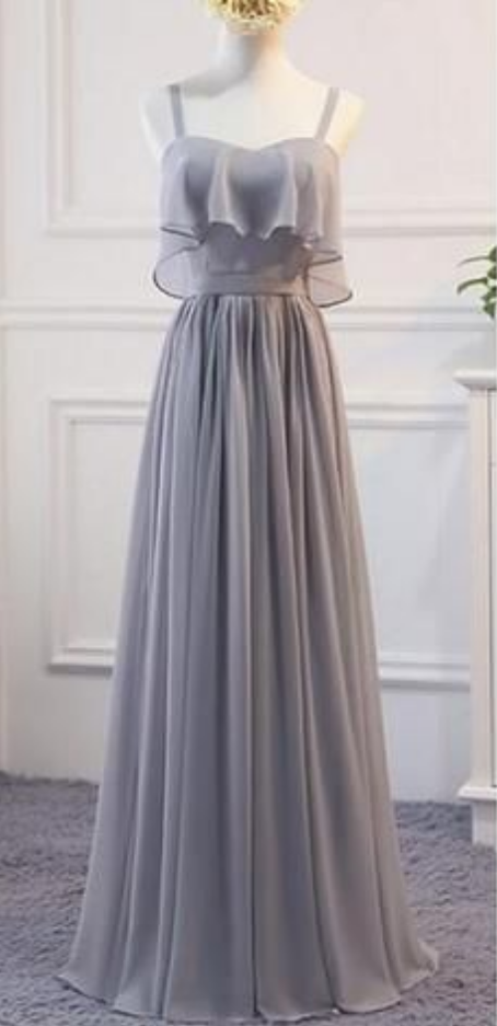 Grey Chiffon Simple Straps Floor Length Bridesmaid Dress, Beautiful Bridesmaid Dress, Party Dress