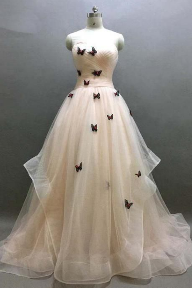 Ivory Sweetheart Ruffle Prom Dress, Beautiful Butterfly Appliques Lace Up Prom Dress, Prom Dresses,