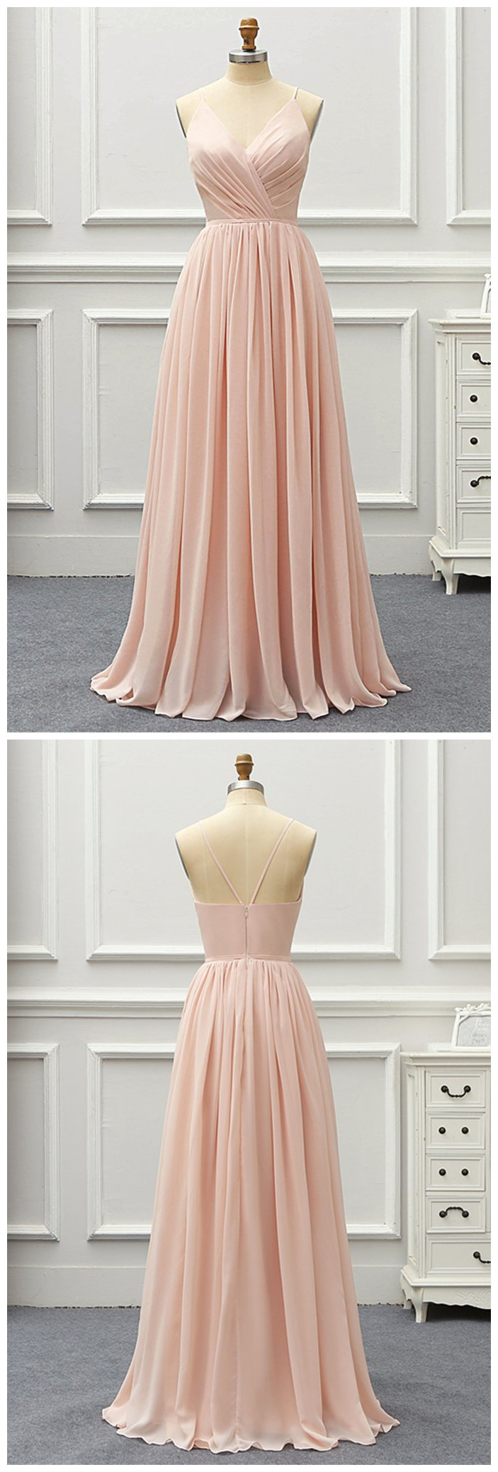 Beautiful Pink Chiffon Strps Long Prom Dress, Pink Bridesmaid Dress, Evening Gown