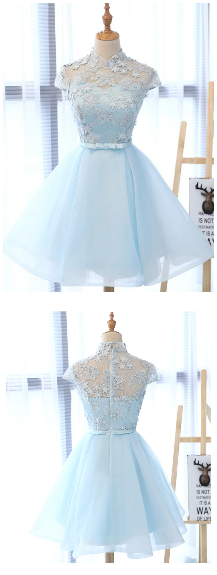 Light Blue Short Lace Cute Homecoming Dress,blue Short Prom Dress
