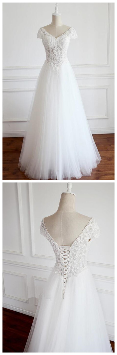 Beautiful White Tulle Long Wedding Party Dress, Handmade Prom Dress