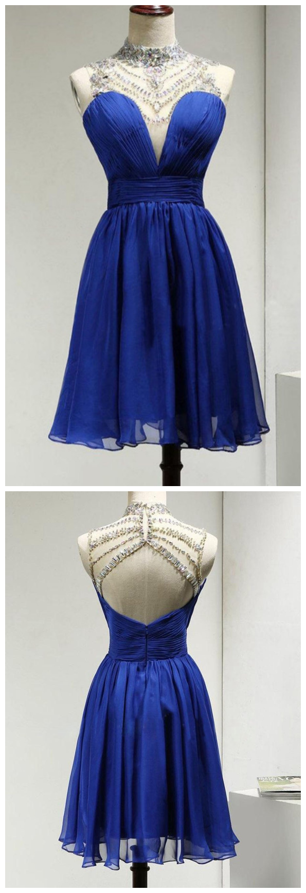 Beautiful Blue Homecoming Dress 2019, Chiffon Halter Short Prom Dress