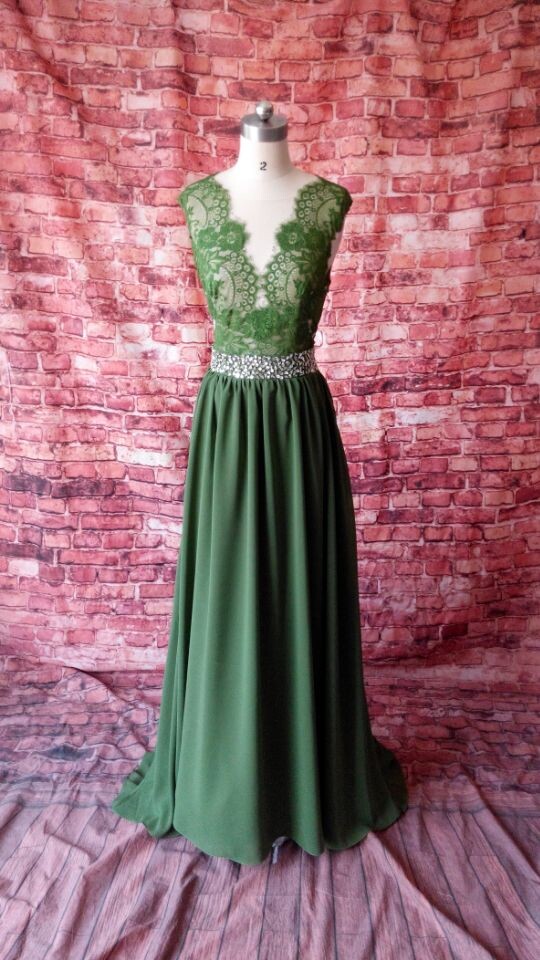 Beautiful Green Chiffon Long Prom Dress With Lace Top, Sexy Party Gown