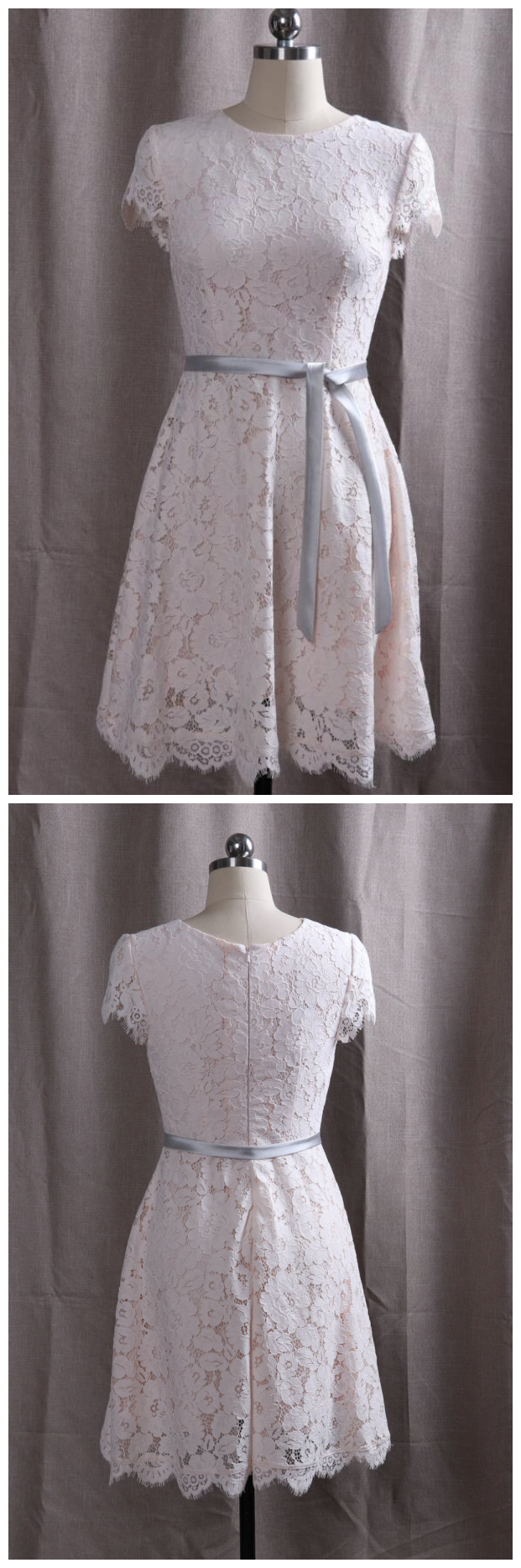 Elegant Lace Cap Sleeves Wedding Party Dress With Belt, Short Party Dresses