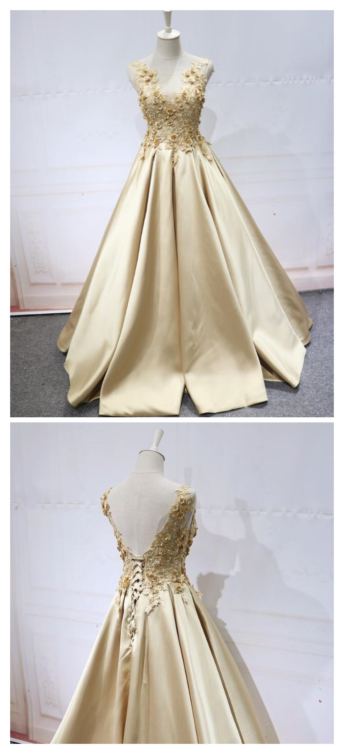 Light Champagne Satin Long With Lace Applique Party Dress, Long Formal Gown