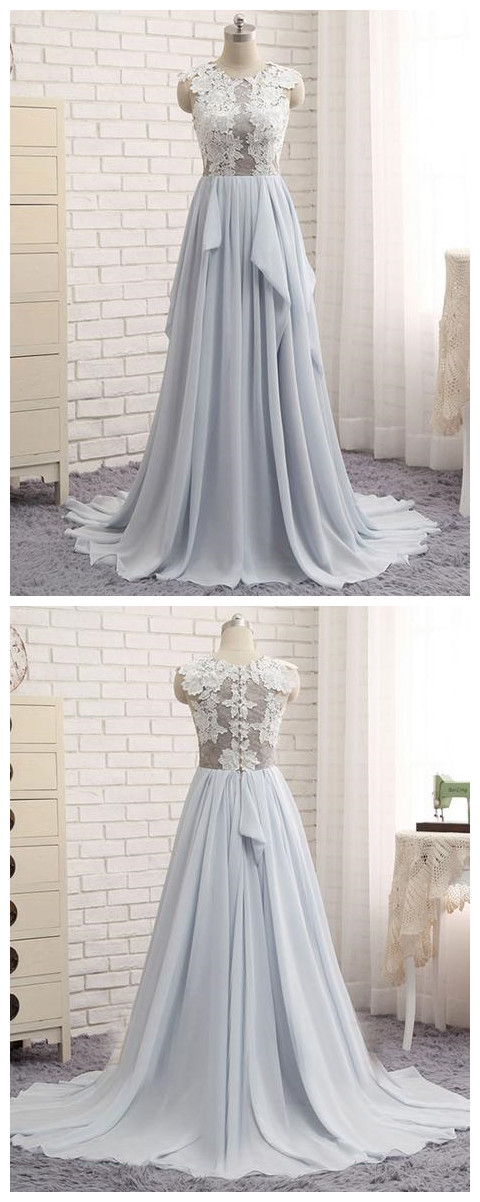 Grey Chiffon Round Neckline With Lace Wedding Party Dress, Lovely Formal Dress