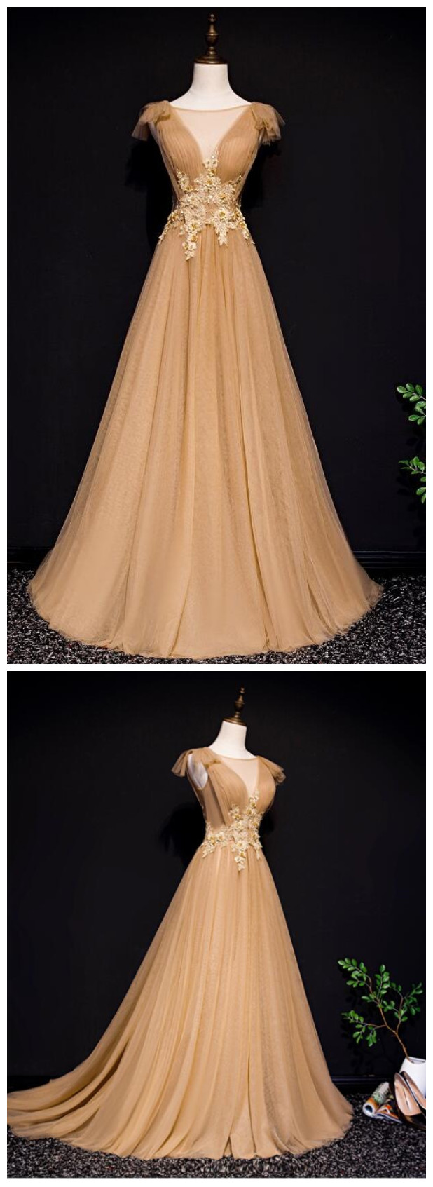 Gold Tulle Long Party Gown With Applique, Elegant Formal Dress