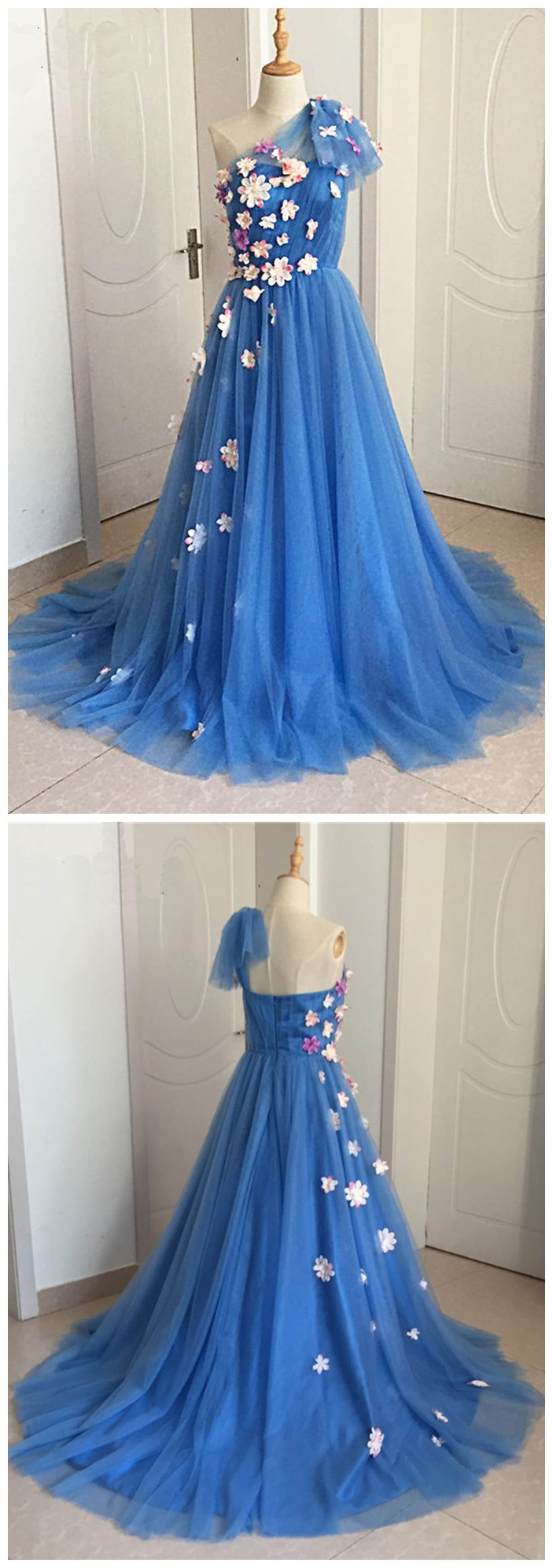 Blue Tulle With Flowers One Shoulder Long Formal Dress, Beautiful Prom Gowns