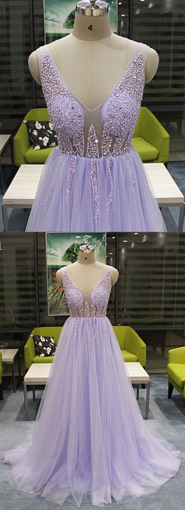 Beautiful Lavender Beaded Top V-neckline Prom Dresses, Charming Evening Gowns