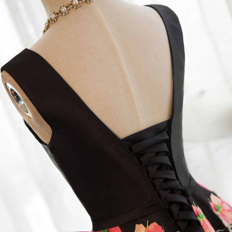 Black Floral Satin V-neckline Prom Dress, Charming Formal Gown, Party ...
