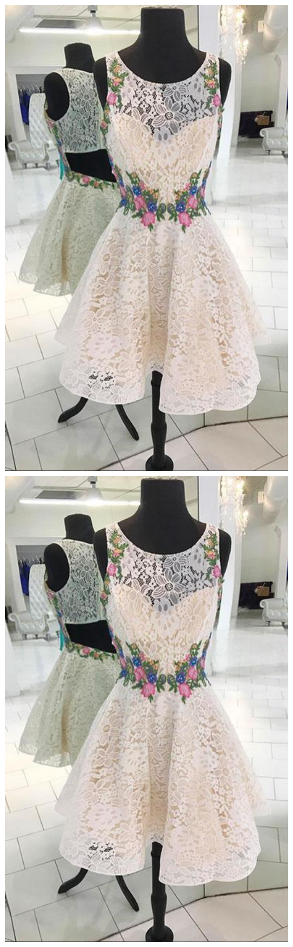 White Round Neck Lace Short Prom Dress, Lace Homecoming Dress