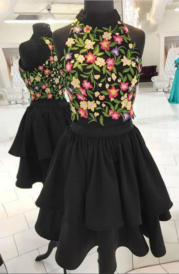 Black Two Pieces Applique Short Prom Dress, Homecoming Dress