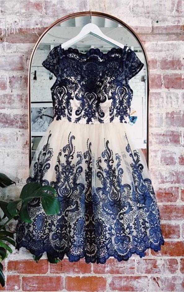 Blue Lace Applique Short Prom Dress, Blue Bridesmaid Dress