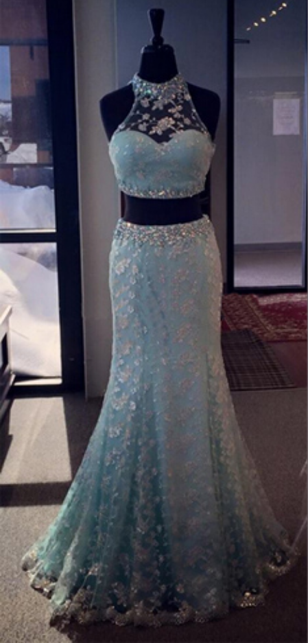 Blue Prom Dress, Beautiful Prom Dress, Two Piece Prom Dress, Lace Prom Dress, Sleeveless Prom Dress, Elegant Prom Dress