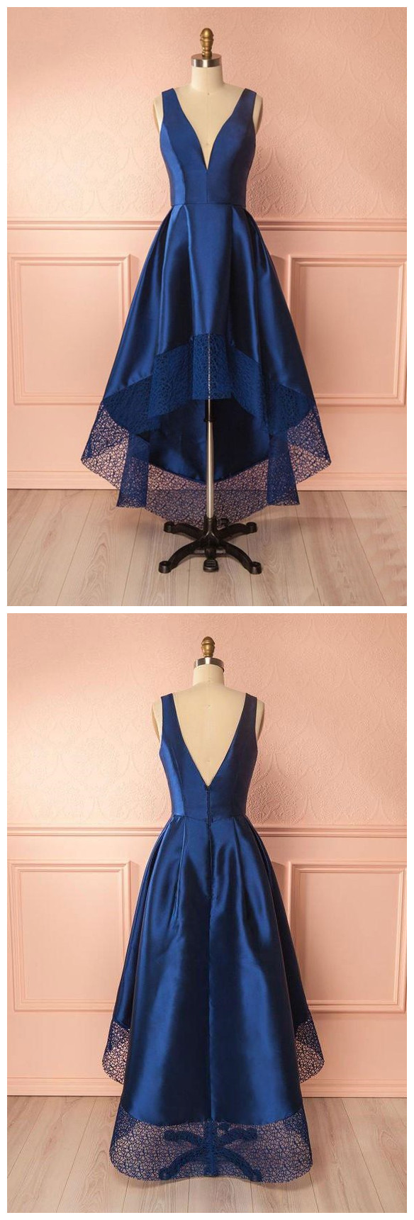 Dark Blue A Line V Neck High-low Lace Satin Simple Prom Dresses on Luulla