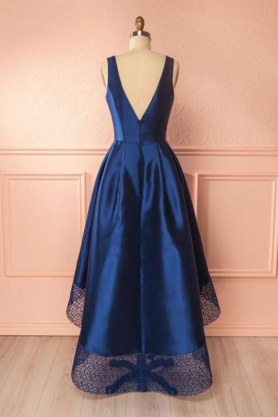 Dark Blue A Line V Neck High-low Lace Satin Simple Prom Dresses