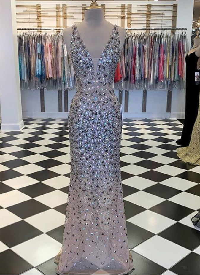 Elegant V-neck Multi-color Beading Mermaid Prom Dress