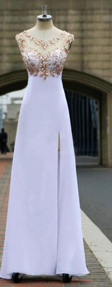 Sexy White Chiffon Floor Length Evening Dresses Beaded Rhinestones Top Split Prom Gowns Prom Dress