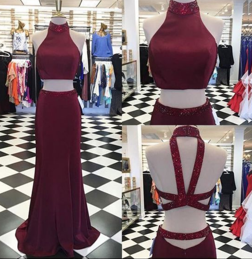 Sexy Two Piece Burgundy Long Prom Dress With Sequined