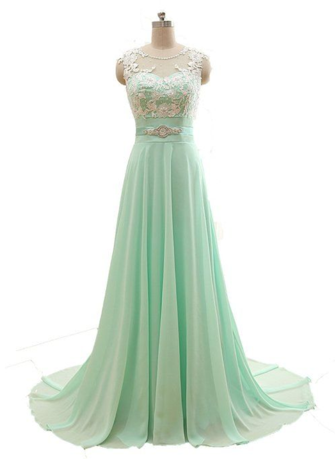 2017 Custom Made, Mint Green Chiffon Prom Dress,beading Evening Dress,white Lace Party Dress