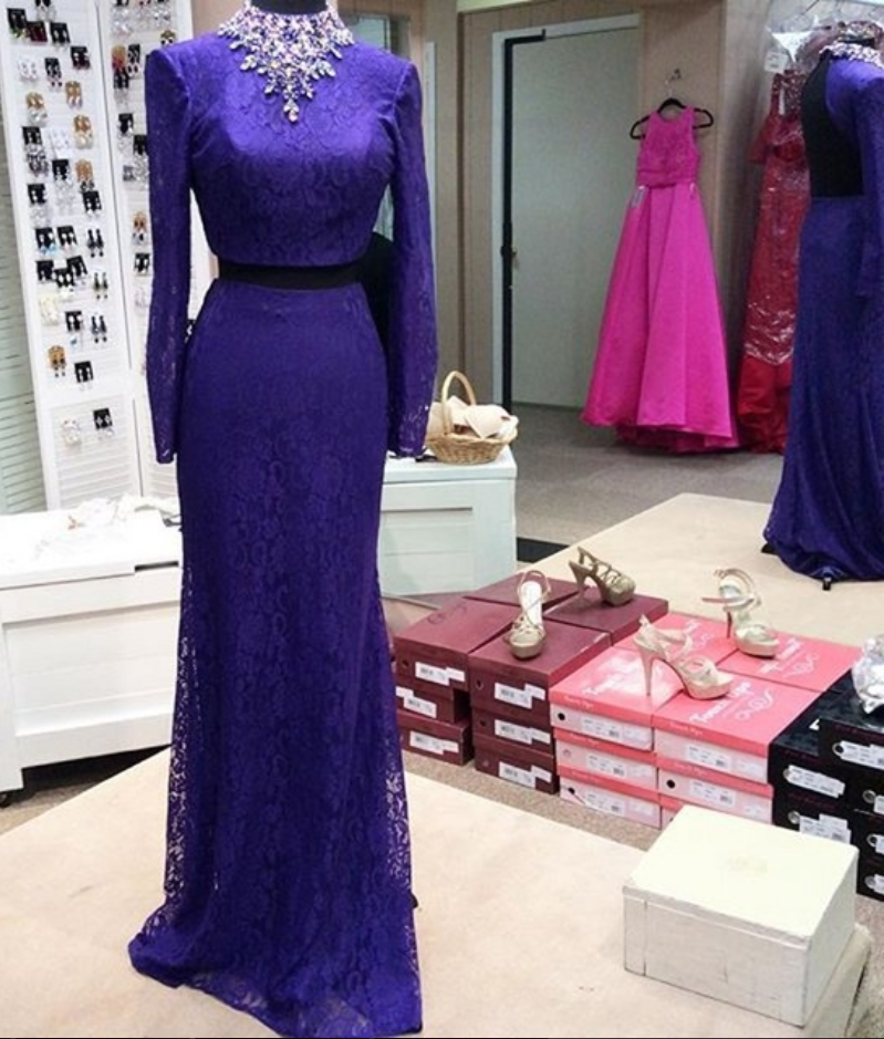 Custom Made Purple Prom Dress,two Pieces Evening Dress,beaded Party Gown,long Sleeves Pegeant Dress, High Quality