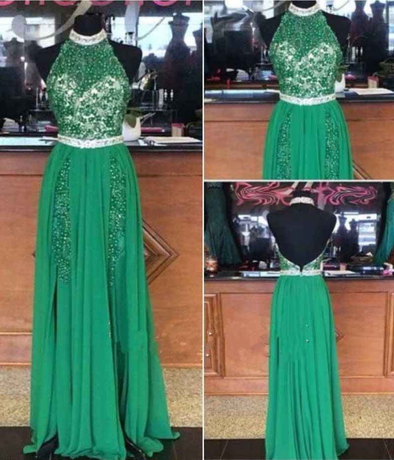 Custom Made Prom Dress,halter Prom Dress,beaded Prom Dresses, Backless Prom Dress, Green Prom Dress