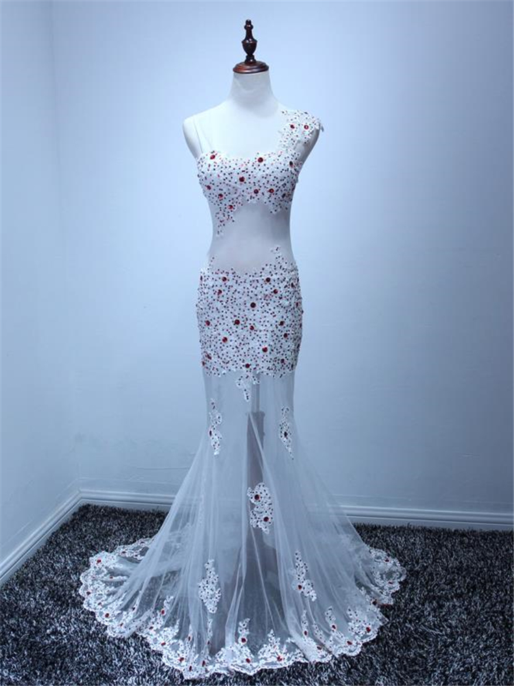 Custom Made White Prom Dress,sexy See Through Evening Dress,mermaid Beaded Party Dress,high Quality