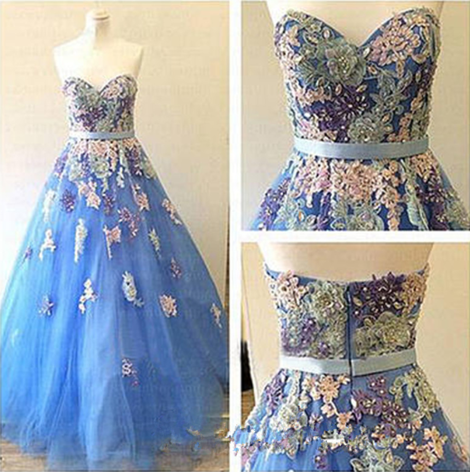 Ustom Made Blue Prom Dress,sexy Sweetheart Evening Dress,appliques Party Dress ,floor Length Prom Dress,high Quality
