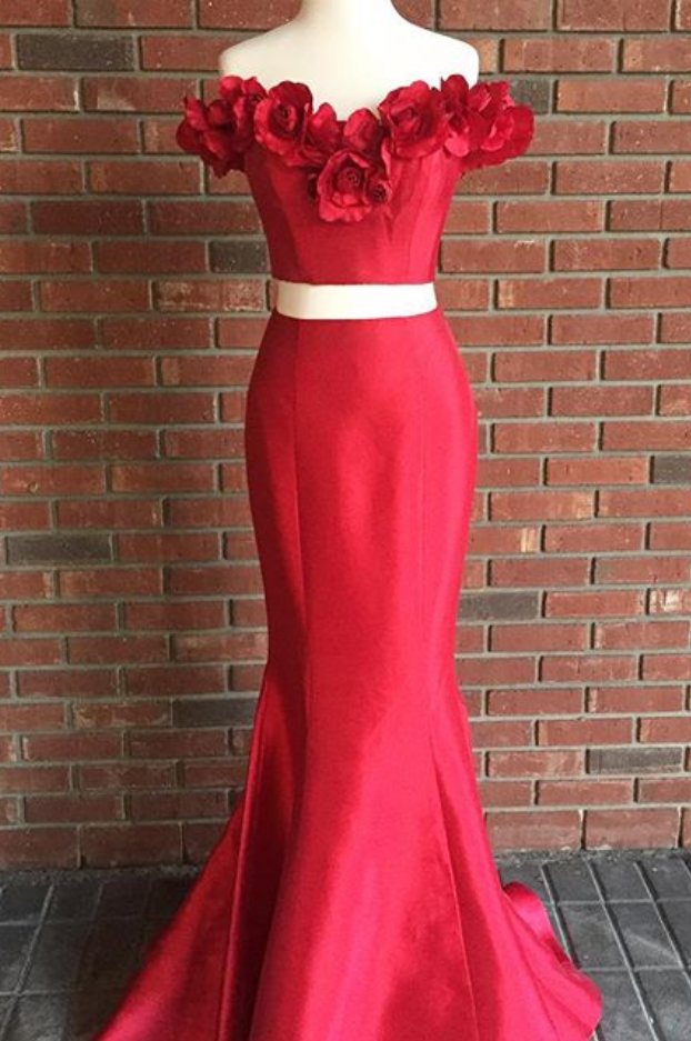  2018 Prom Dress, Two Piece Prom Dress, Red Prom Dress, Mermaid Long Prom Dress, Off the shoulder Prom Dress