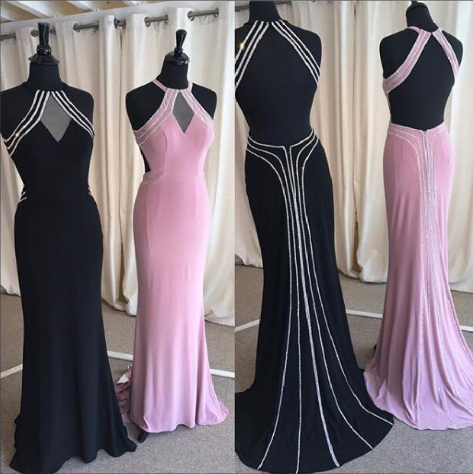 Sexy Prom Dress, Sheath Black/pink Prom Dresses, Halter Evening Dress, Long Backless Evening Dresses, Satin Formal Dress