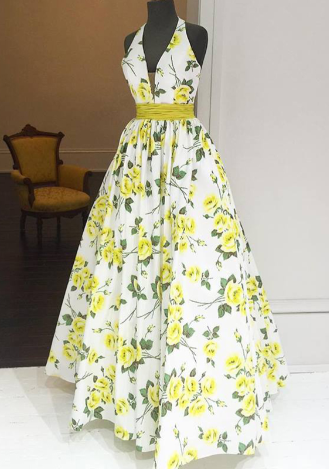 Backless Floral Printed Homecoming Dress Long Halter V Neck Pattern Taffeta Evening Gown A Line